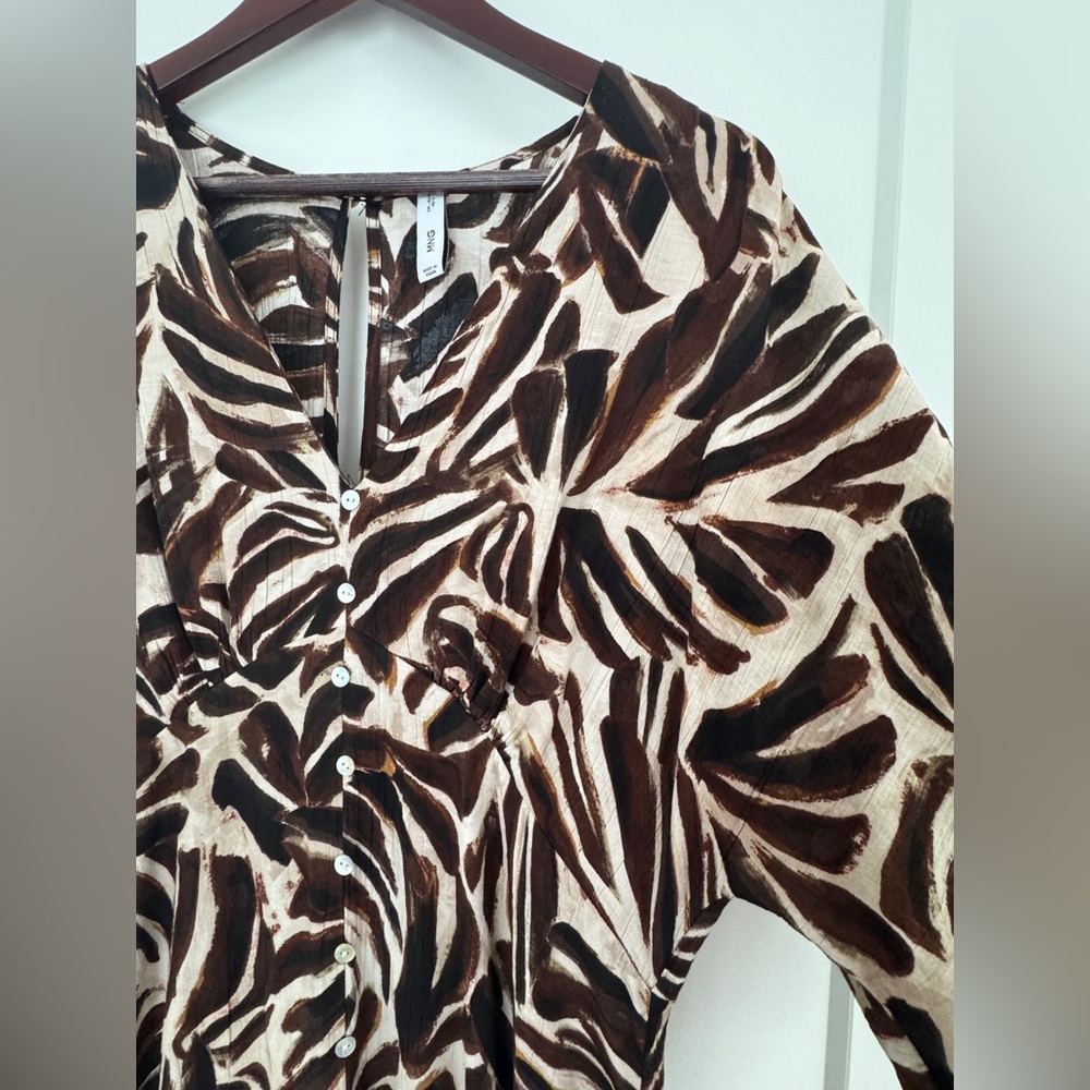 Mango Brown and Cream Leaf-Print Midi Dress - Picture 6 of 13